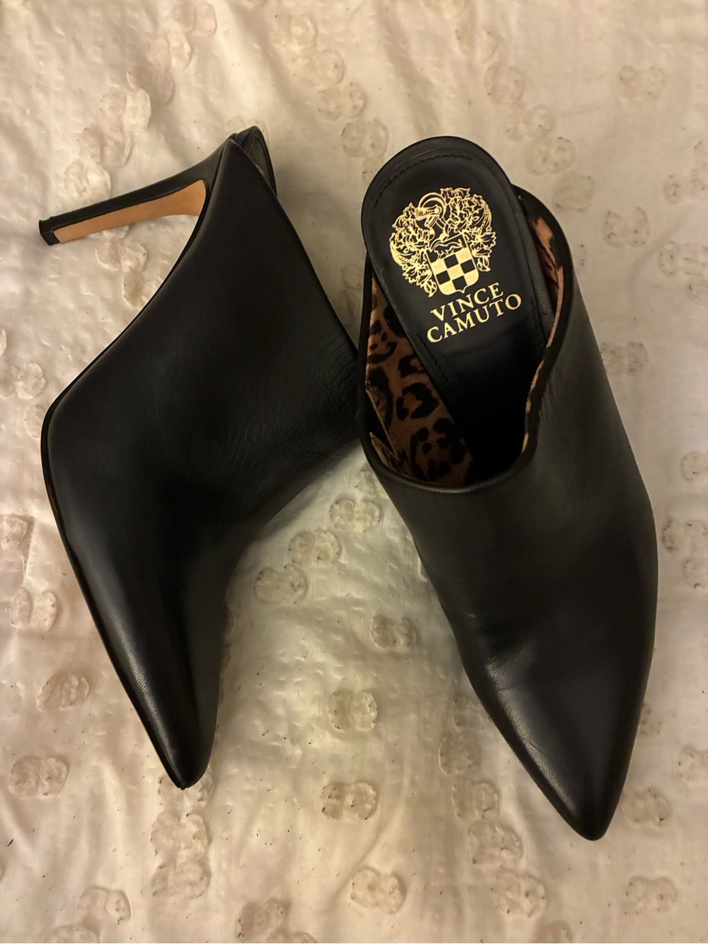 Vince Camuto Black Pointed Leather Mule Heels with Leopard Lining